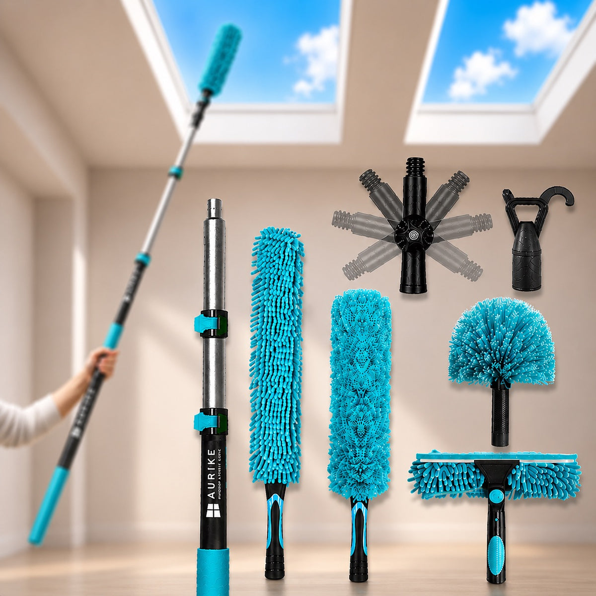 High Ceiling Duster Kit with Heavy Duty Extension Pole, Reaches Up to 30FT Options, Includes Microfiber Feather Duster, Cobweb and Ceiling Fan Duster, Window Squeegee Cleaner & Skylight Hook