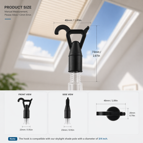 Skylight Shades Hook, 3/4" Threaded Extension Pole Attachment for Cordless Shades, Blinds & Skylight Window Shades (Hook Only)