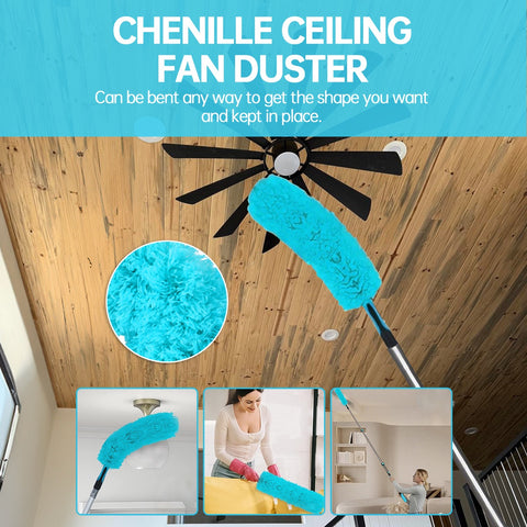 High Ceiling Duster Kit with Heavy Duty Extension Pole, Reaches Up to 30FT Options, Includes Microfiber Feather Duster, Cobweb and Ceiling Fan Duster, Window Squeegee Cleaner & Skylight Hook