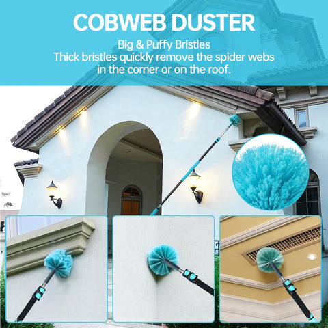 High Ceiling Duster Kit with Heavy Duty Extension Pole, Reaches Up to 30FT Options, Includes Microfiber Feather Duster, Cobweb and Ceiling Fan Duster, Window Squeegee Cleaner & Skylight Hook