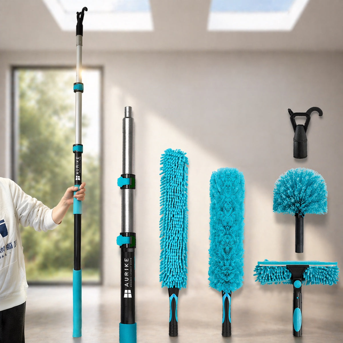 High Ceiling Duster Kit with Heavy Duty Extension Pole, Reaches Up to 30FT Options, Includes Microfiber Feather Duster, Cobweb and Ceiling Fan Duster, Window Squeegee Cleaner & Skylight Hook